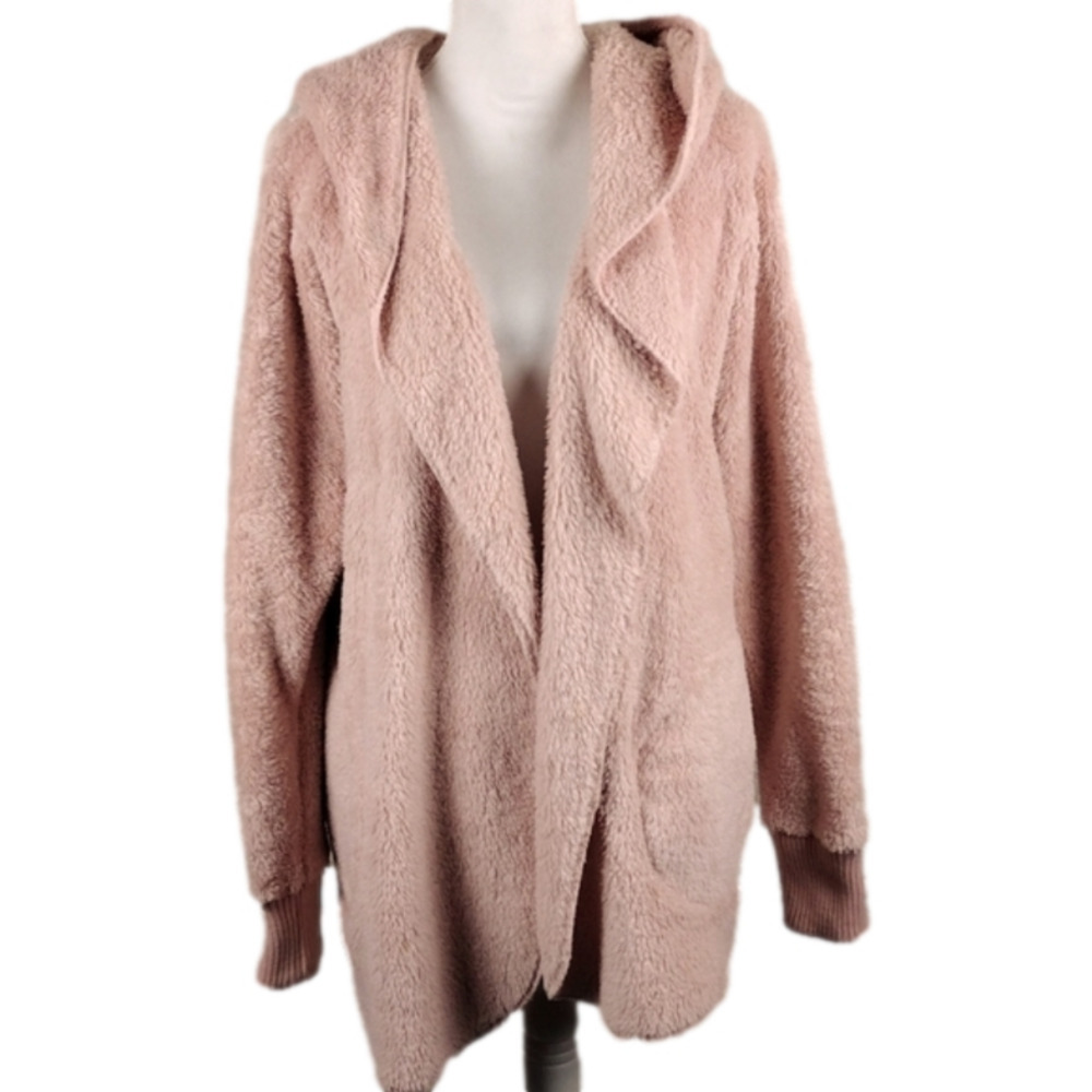 MILITARY Hippie Pink Faux Fur Hooded Open Front Long Sleeve Mid Length Cardigan